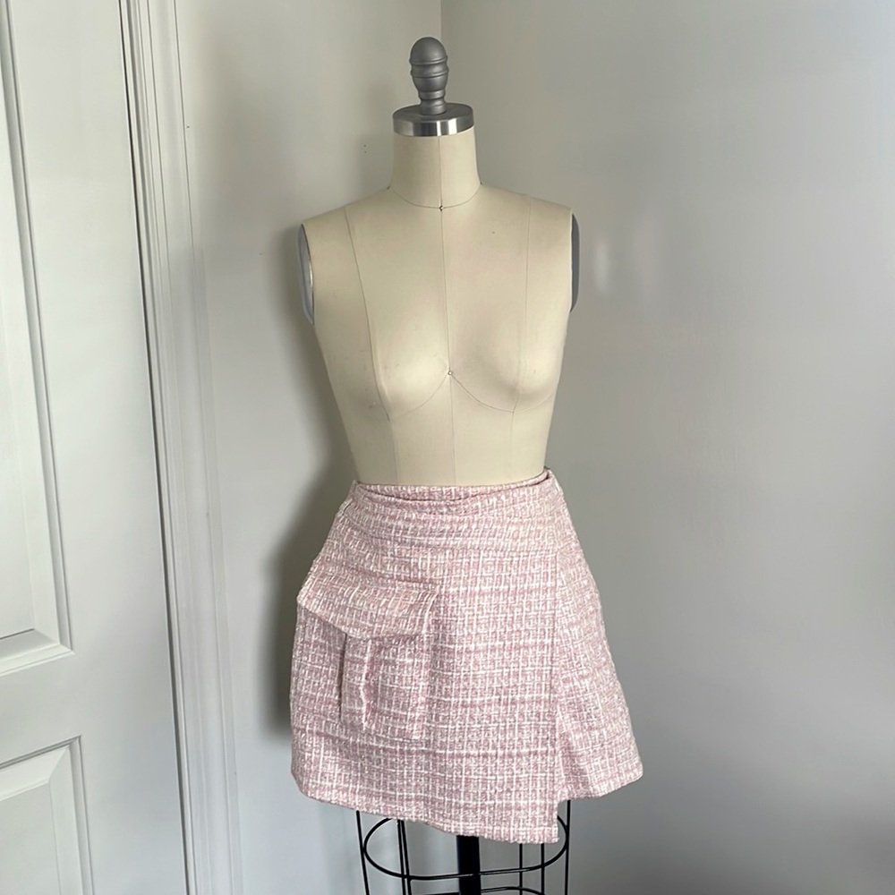 Chicwish Pink Tweed Asymmetric Mini Skirt
